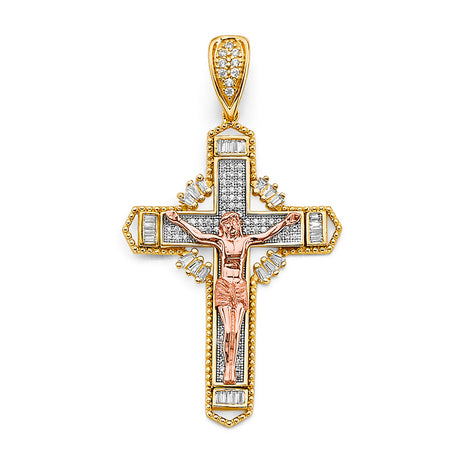 14K Tricolor Gold CZ Crucifix Cross Pendant