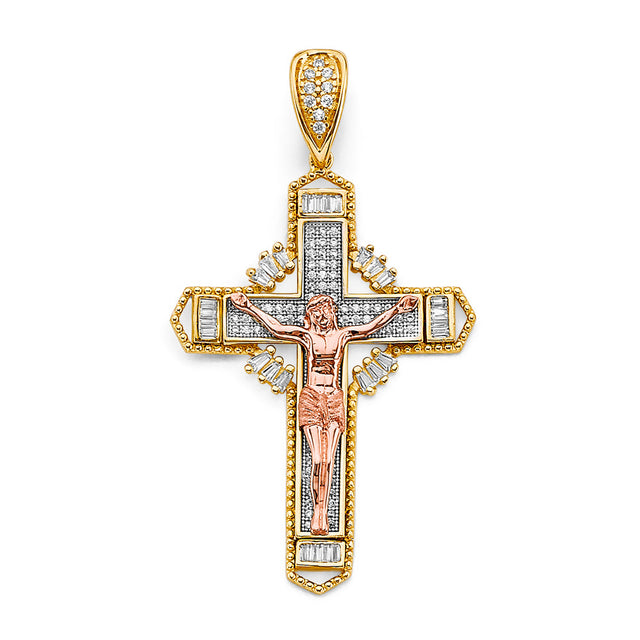 14K Tricolor Gold CZ Crucifix Cross Pendant