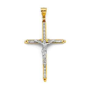 14K Two-Tone Gold CZ Crucifix Cross Pendant