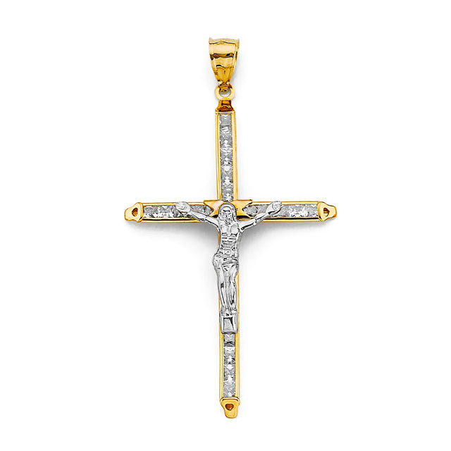 14K Two-Tone Gold CZ Crucifix Cross Pendant
