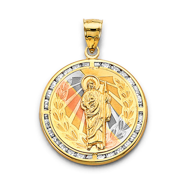 14K Tricolor Gold CZ Round St. Jude Thaddeus Pendant