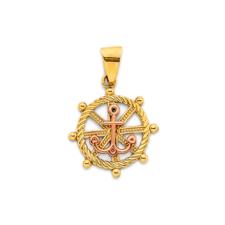 14K Two-Tone Gold Anchor and Ship Wheel Pendant