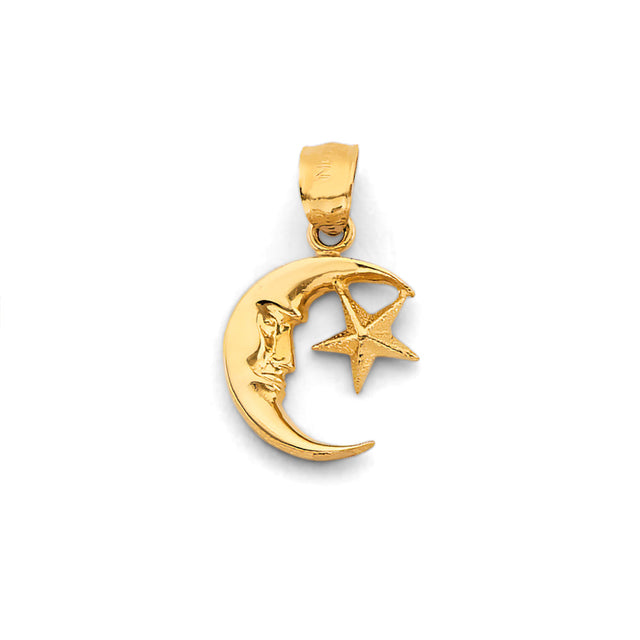 14K Yellow Gold Crescent Moon and Star Pendant