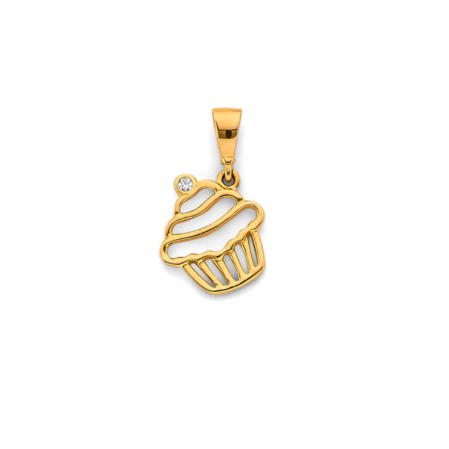 14K Yellow Gold Cupcake Pendant on White Background