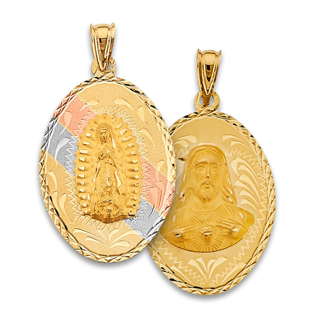 14K Tricolor Gold Guadalupe & Sacred Heart Reversible Medal — Medium