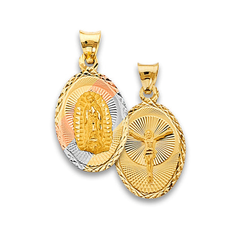 14K Tricolor Gold Guadalupe & Crucified Christ Reversible Oval Medal — Small