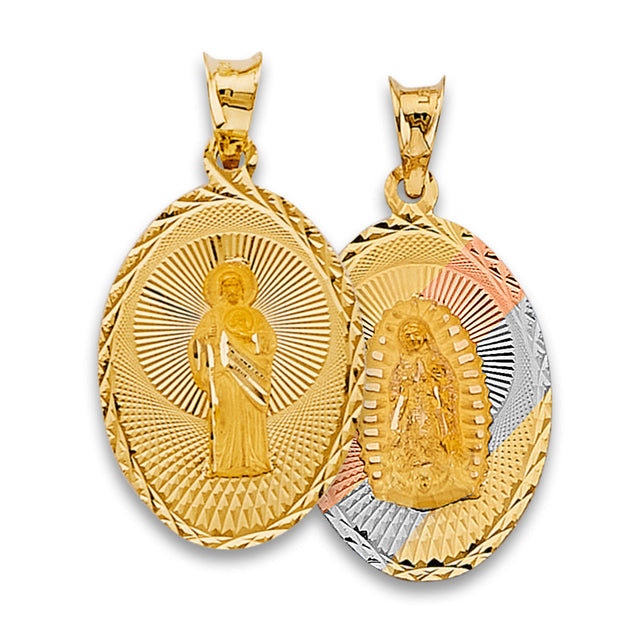 14K Tricolor Gold San Judas Tadeo & Guadalupe Reversible Oval Medal — Medium