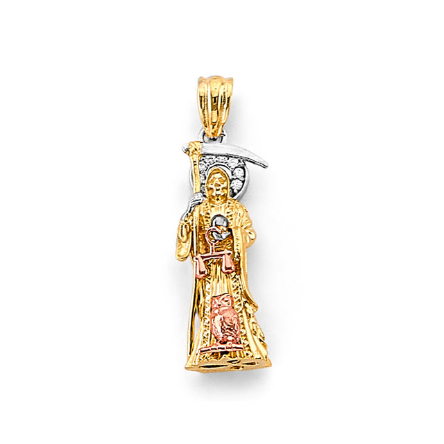 14K Tricolor Gold 3D Santa Muerte Pendant — Extra Small — on white background — Italian Fashions