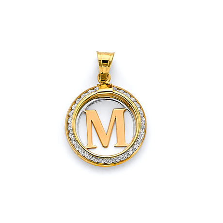 14K Two-Tone Gold CZ Round Initial Pendant