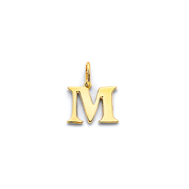 14K Yellow Gold Serif Initial Pendant - Letter M on White Background