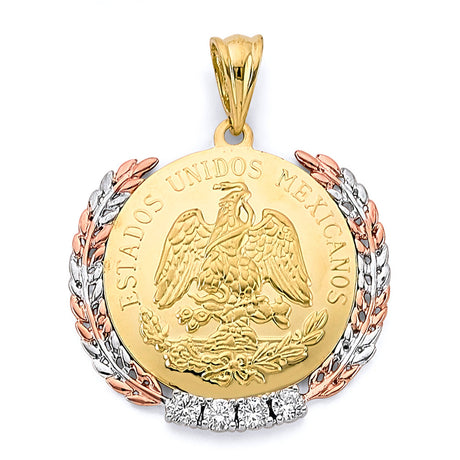 14K Tricolor Gold Laurel Coin Frame Pendant