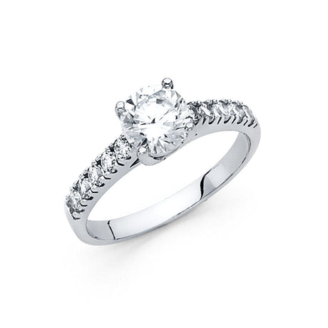 14K Gold Round Pavé Solitaire Engagement Ring — White Gold