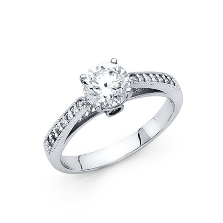 14K Gold Round Cathedral Pavé Solitaire Engagement Ring — White Gold