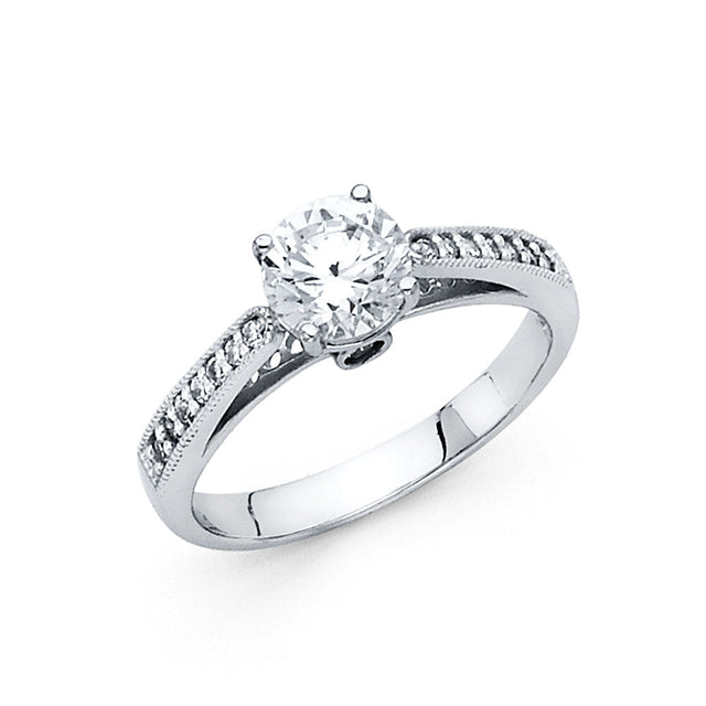 14K Gold Round Cathedral Pavé Solitaire Engagement Ring — White Gold