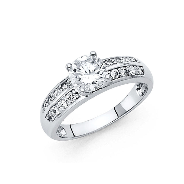 14K Gold Round Wide Pavé Solitaire Engagement Ring — White Gold