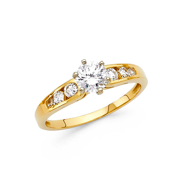 14K Yellow Gold Round Side Stone Engagement Ring