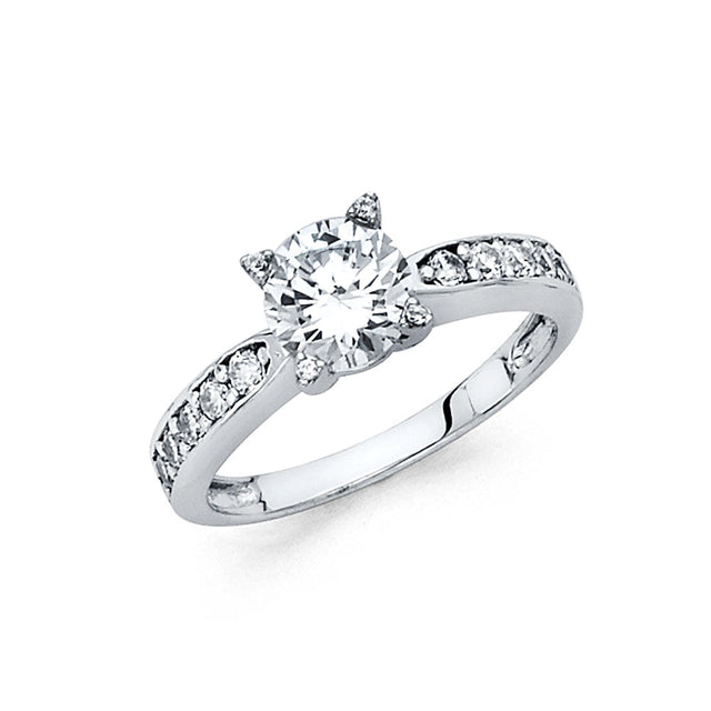 14K White Gold Round Pavé Solitaire Engagement Ring
