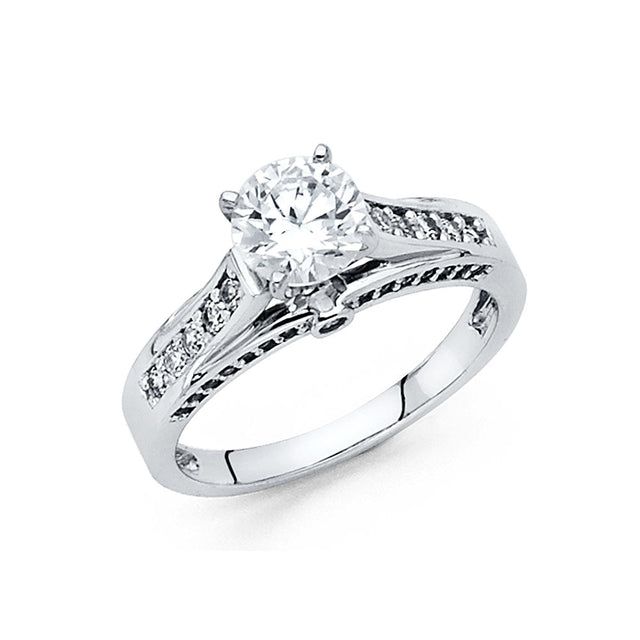14K White Gold Round Split Shank Pavé Solitaire Engagement Ring