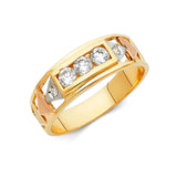 14K Tricolor Gold Three-Stone Triangle-Shoulder Men's Wedding Band