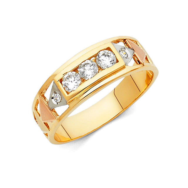 14K Tricolor Gold Three-Stone Triangle-Shoulder Men's Wedding Band