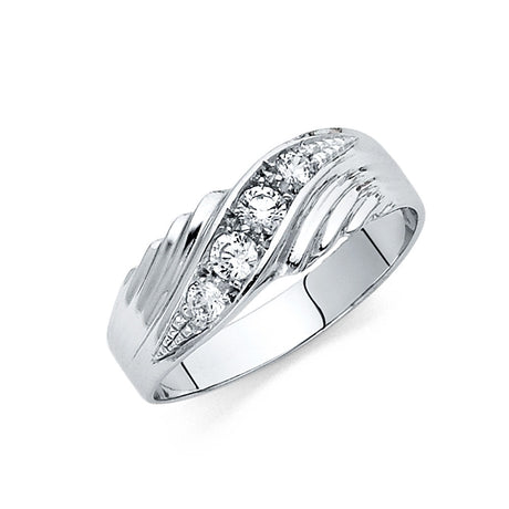 14K White Gold Diagonal Five-Stone Grooved-Shoulder Men's Wedding Band