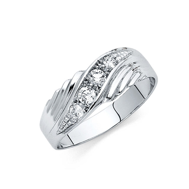 14K White Gold Diagonal Five-Stone Grooved-Shoulder Men's Wedding Band