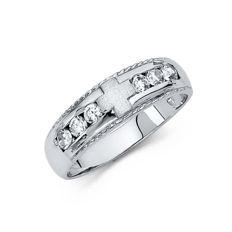 14K White Gold Satin Cross Rope-Edge Men's Wedding Band