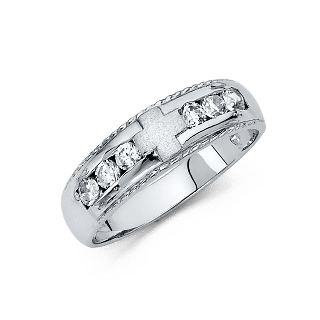 14K White Gold Satin Cross Rope-Edge Men's Wedding Band
