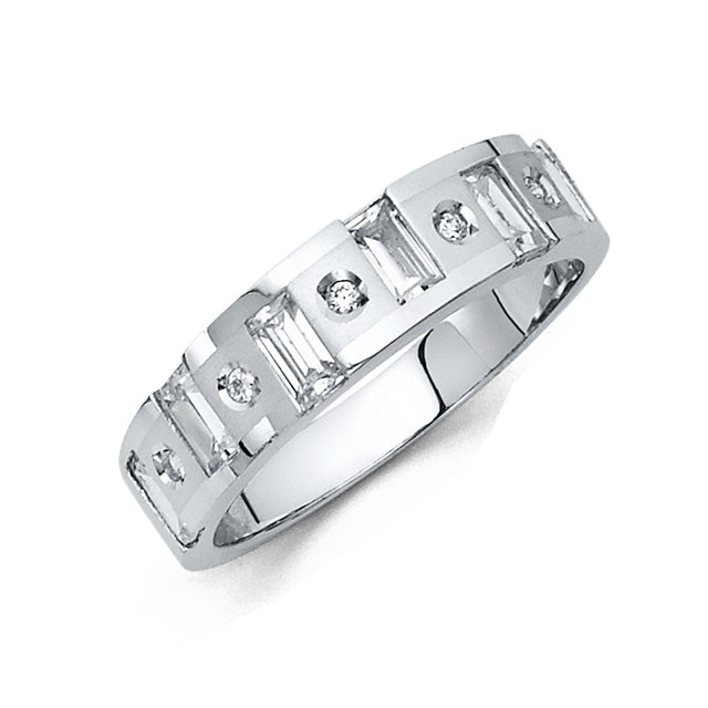 14K White Gold Geometric Brick-Pattern Men's Wedding Band