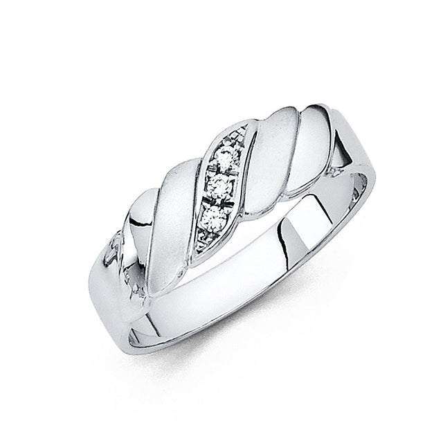 14K White Gold Ribbed Three-Stone Men's Wedding Band