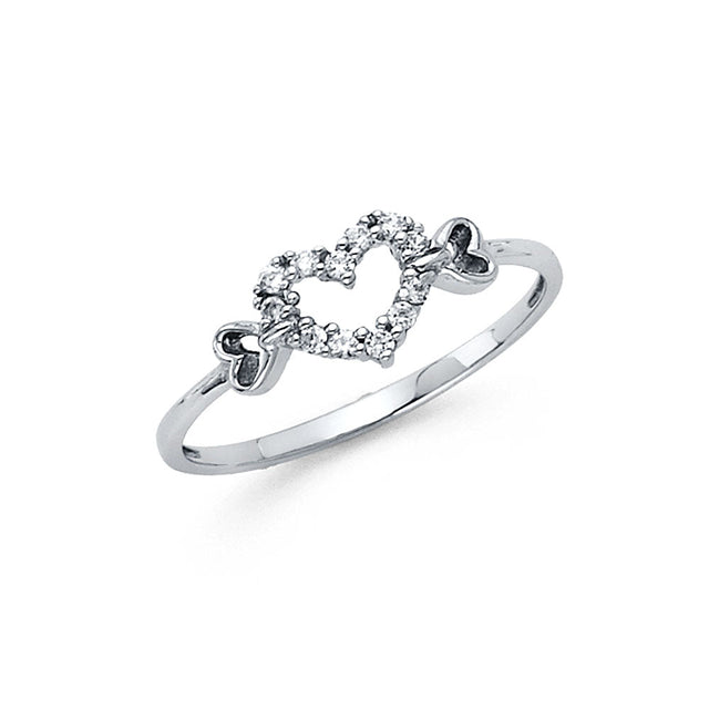 14K White Gold Open Heart Ring with Side Accent Hearts