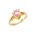 14K Yellow Gold Pear-Shaped Pink Center Stone Halo Ring on White Background