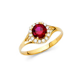 14K Yellow Gold Oval Red Center Stone Halo Ring on White Background