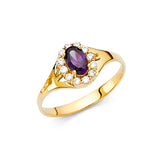 14K Yellow Gold Oval Purple Center Stone Halo Ring on White Background