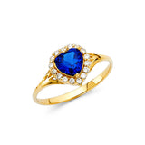 14K Yellow Gold Heart-Shaped Blue Center Stone Halo Ring on White Background