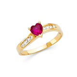 14K Yellow Gold Heart-Shaped Red Center Stone Halo Ring on White Background