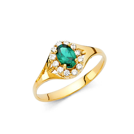 14K Yellow Gold Oval Green Center Stone Halo Ring on White Background
