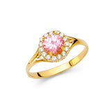14K Yellow Gold Oval Pink Center Stone Vintage Halo Ring on White Background