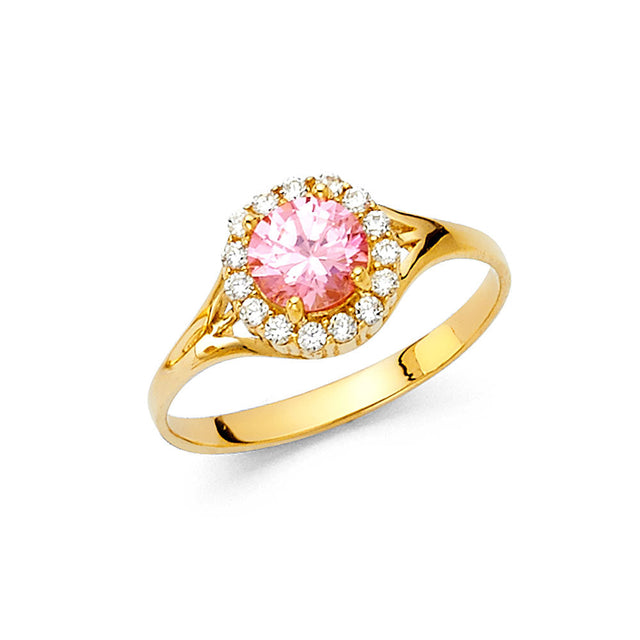 14K Yellow Gold Oval Pink Center Stone Vintage Halo Ring on White Background