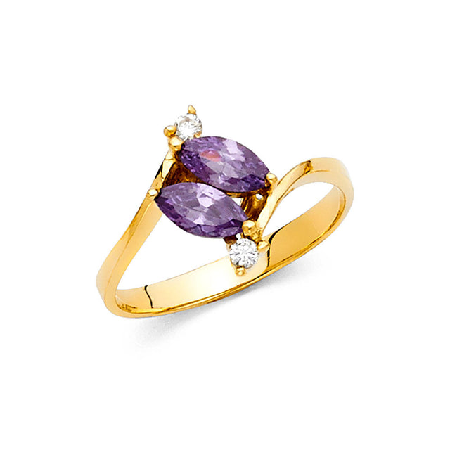 14K Yellow Gold Oval Purple Center Stone Bypass Ring on White Background