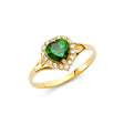 14K Yellow Gold Heart-Shaped Green Center Stone Halo Ring on White Background