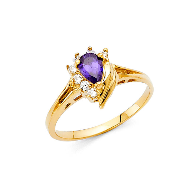 14K Yellow Gold Pear-Shaped Purple Center Stone Halo Ring on White Background