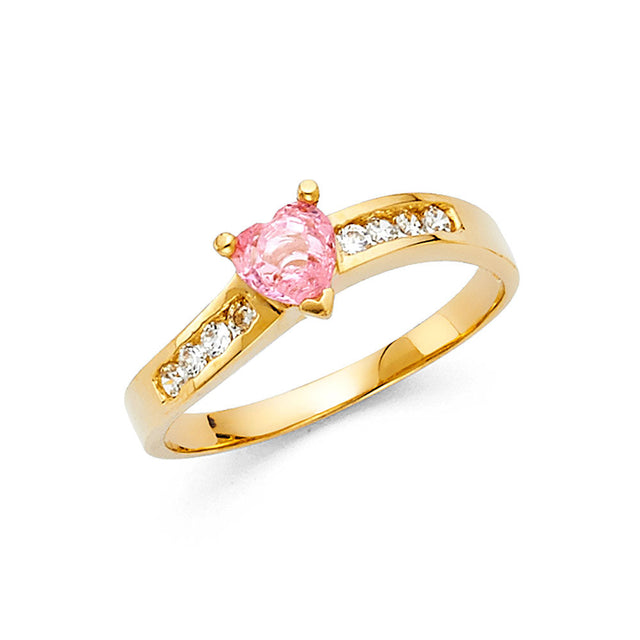 14K Yellow Gold Pear-Shaped Pink Center Stone Accent Ring on White Background
