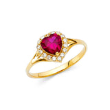 14K Yellow Gold Heart-Shaped Red Center Stone Bypass Halo Ring on White Background