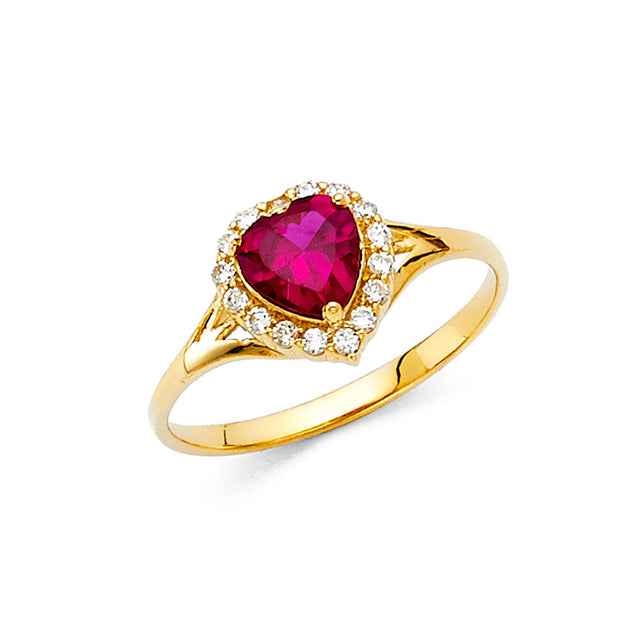 14K Yellow Gold Heart-Shaped Red Center Stone Bypass Halo Ring on White Background