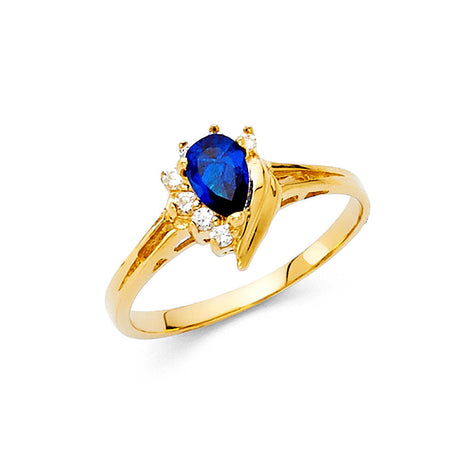 14K Yellow Gold Pear-Shaped Blue Center Stone Accent Ring on White Background