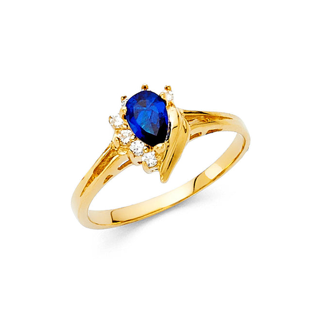 14K Yellow Gold Pear-Shaped Blue Center Stone Accent Ring on White Background