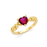 14K Yellow Gold Red Heart Solitaire Ring on White Background