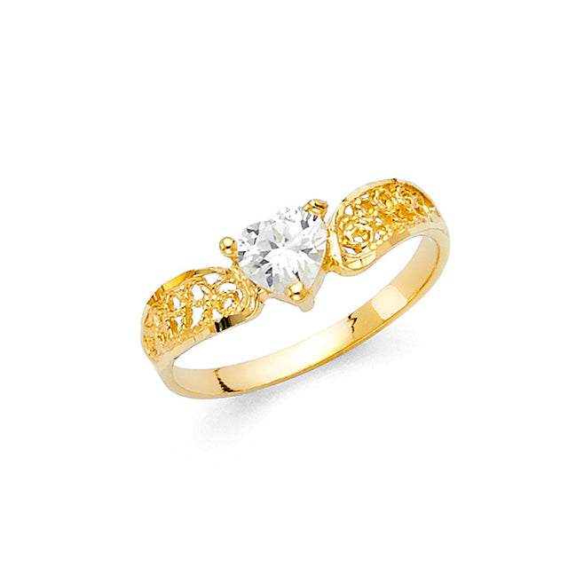 14K Yellow Gold Round Solitaire Scrollwork Ring on White Background