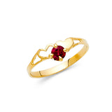 14K Yellow Gold Petite Round Red Center Stone Heart Ring on White Background